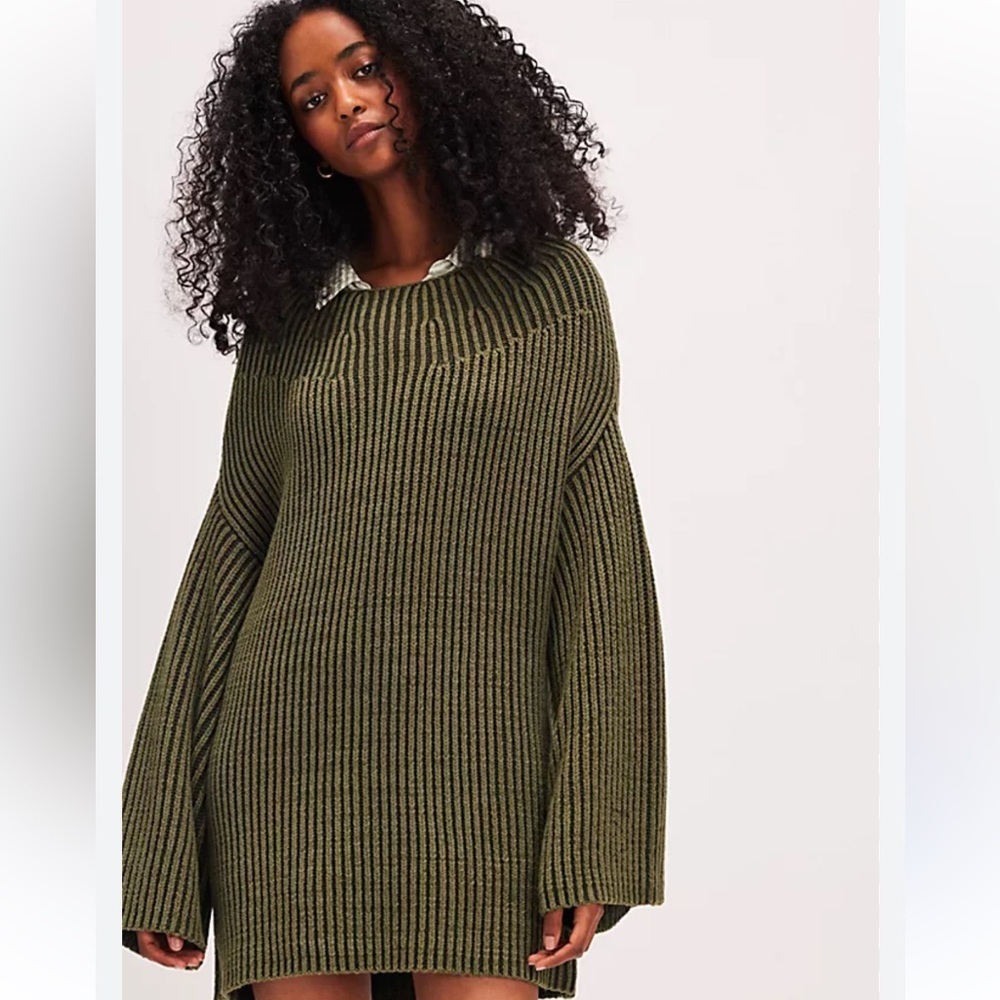 Free People Boat Neck Olive Green Ribbed Knit Sweater Dress Small - Picture 2 of 9